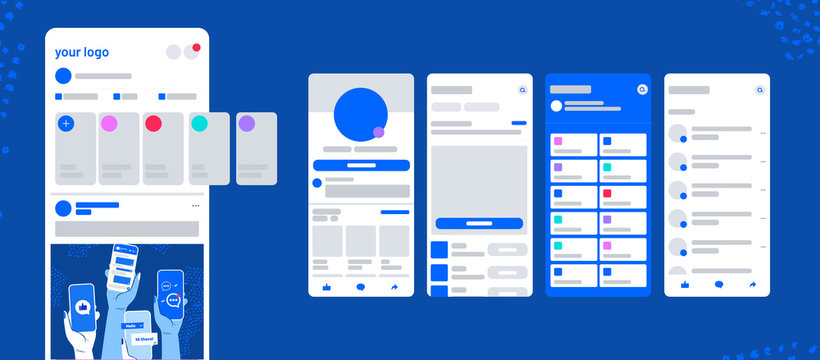 UI post frame inspired by Facebook with stories vector mobile app. Social network screens on mobile