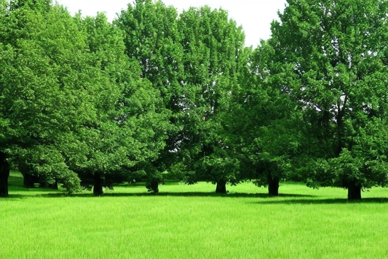 A green field with a few trees in it
