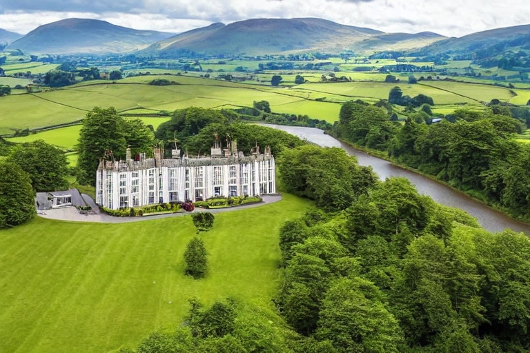 A panoramic image of a beautiful lake district hotel seen from a high up position.
