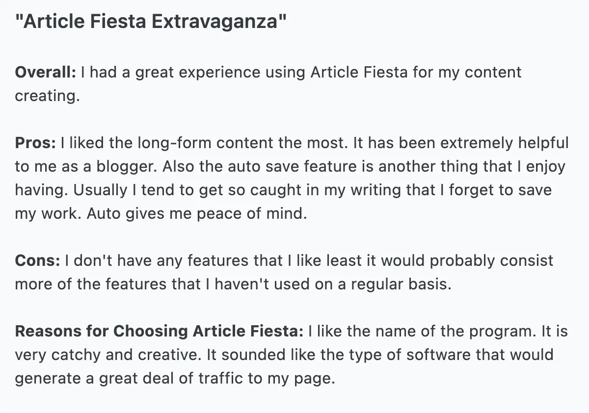 Article Fiesta, the AI content writer testimonial -38 - vLoQqZ5.png